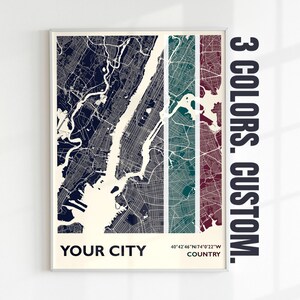 Impression de carte personnalisée, plan de toute ville, carte personnalisée de style moderne, affiche de plan de rue minimaliste en couleur, art mural déco de bureau, cadeau d'anniversaire