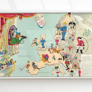 Lustiges historisches Europa-Kartenplakat, seltene Vintage Kaltkriegsparodie-Karte von Europa, handgezeichnete Europa-Illustrationsgeschenkkarte, politisches Plakat