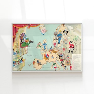 May include: Framed vintage map of Europe with cartoon illustrations of people and scenes. The map features the Atlantic and Mediterranean oceans, with text in Spanish. The map is in a white frame.