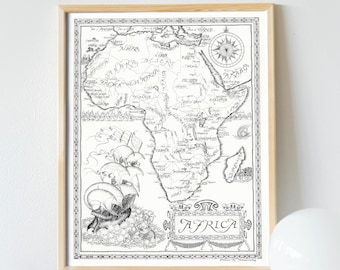 アフリカのヴィンテージ地図イラストプリント｜アンティーク壁飾り