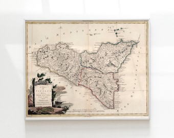 Beautiful Old Sicily Map Poster, 1782 Vintage Map of Sicily Italy, Hand Drawn Sicilia Gift Map, Detailed Historical Wall Art Poster Print