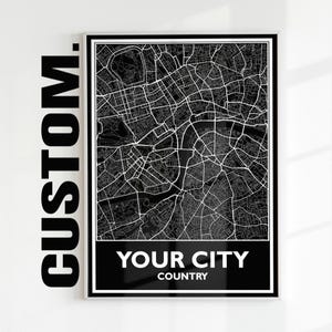 Impression de carte personnalisée, n'importe quel plan de la ville, carte personnalisée en noir et blanc, affiche de plan de rue, art mural déco de bureau moderne, cadeau d'anniversaire
