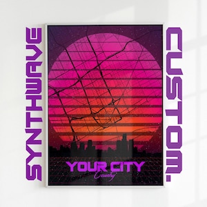 Puede incluir: Un póster de ciudad con estilo retro con un degradado de puesta de sol rosa y naranja. La ciudad está delineada en negro y el texto "YOUR CITY" está escrito en blanco con un contorno morado. El texto "Country" está escrito en letras blancas más pequeñas debajo del nombre de la ciudad.