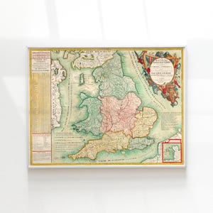Oude kaart van Engeland, 1689 vintage antieke stijl kaart van Engeland, door Coronelli, cadeau voor hem cadeau voor haar Home decor canvas Wall Art Poster Print