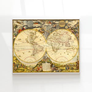 ヴィンテージ世界地図イラストプリント | アンティーク壁装飾 | 古地図
