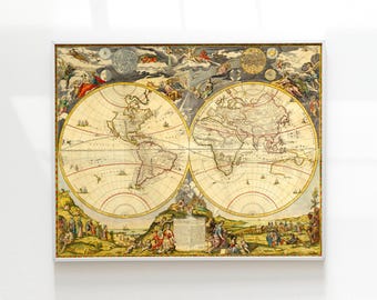 ヴィンテージ世界地図イラストプリント | アンティーク壁装飾 | 古地図