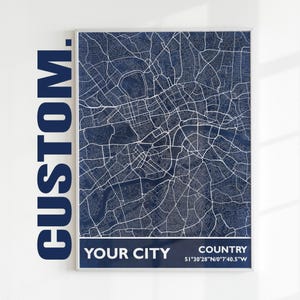 Art de carte personnalisé, impression de carte de la ville, carte bleue et blanche personnalisée, affiche de plan de rue minimaliste, art mural déco de bureau, cadeau d'anniversaire