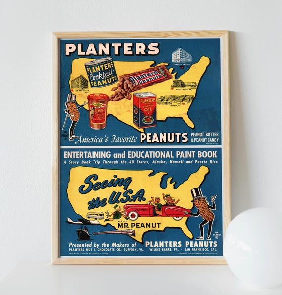 Vintage Planters Peanuts Poster, 1950s Retro Mr. Peanut Advert
