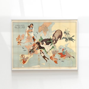 Puede incluir: Un mapa vintage enmarcado de Europa con ilustraciones y texto. El mapa muestra caricaturas de países y figuras, con el texto "EUROPEAN RIVALS. KILL THAT EAGLE." La paleta de colores incluye beige, azul, rojo y marrón.