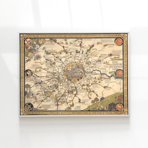 Old London Bus Map, 1928 Antique Style Vintage Map of London and Its Vicinity, Rare Gift Map, Framed Map Print, Historical Wall Art Poster