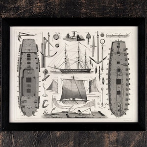 Pôster de ilustrações marítimas antigas, arte de engenharia de navios vintage de 1851, pôster de presente antigo náutico raro, impressão de navio emoldurada, impressão de arte de parede
