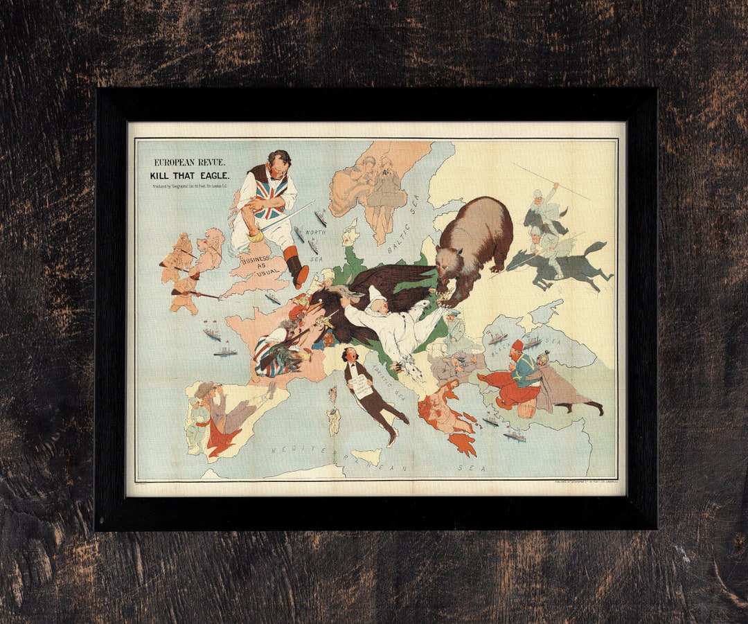Old Europe Map Caricature Print, 1914 World War I Vintage Map of Europe ...