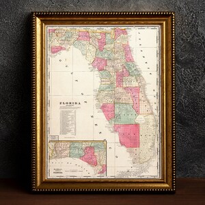 Oude kaart van Florida, 1899 vintage antieke stijl kaart van Florida, VS, door F Cram, cadeau voor hem cadeau voor haar Home decor canvas muur kunst poster print