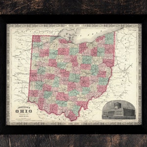 Alte Ohio State Karte, 1864 Vintage antik Style Karte von Ohio, US, von Johnson Geschenk für ihn Geschenk für sie Wohnkultur Leinwand Wand Kunst Poster Druck