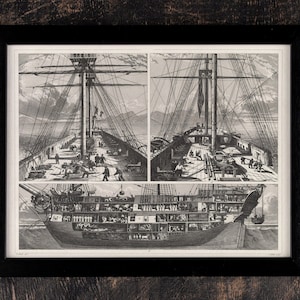 Affiche de voilier, coupe transversale de voilier vintage 1851, affiche cadeau rare de génie maritime, impression d'art de bateau encadrée, impression d'art mural
