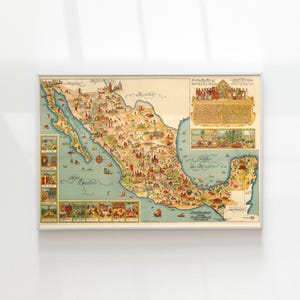 May include: A framed vintage map of Mexico, featuring detailed illustrations of landmarks and historical scenes. The map is in a rectangular silver frame, with the country's outline in shades of green and brown, surrounded by blue water. Additional illustrations are in the corners.