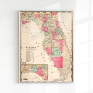 Puede incluir: Mapa antiguo enmarcado de Florida, con una representación detallada de los condados del estado en varios colores. El mapa incluye la palabra "FLORIDA" en la parte superior y un mapa más pequeño en la parte inferior. El mapa está enmarcado en un borde blanco.