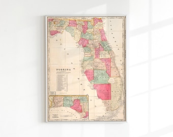 Vintage Florida Map Print | Florida State Map Wall Art | Historical FL Counties Map Poster | Old Florida Geography Home Decor