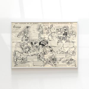 Puede incluir: Mapa vintage enmarcado de Europa con ilustraciones y texto detallados en blanco y negro. El mapa lleva la palabra "Europa" en la parte superior izquierda. El mapa incluye ilustraciones de personas y eventos.