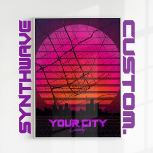 Impression de carte personnalisée Vaporwave rétro, n'importe quel plan de la ville, art de carte personnalisé néon des années 80 et 90, affiche coucher de soleil Synthwave, cadeau d'art mural plan des rues
