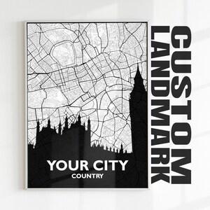 Impression de carte de point de repère personnalisée, n'importe quel plan de la ville, carte personnalisée en noir et blanc, affiche de plan de rue, art mural déco de bureau, cadeau d'anniversaire