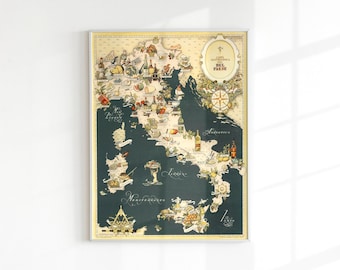 Italy Gastronomic Map, 1949 Antique Style Vintage Map of Italy Italia, Rare Italy Food Gift Map, Framed Map Print, Old Wall Art Poster