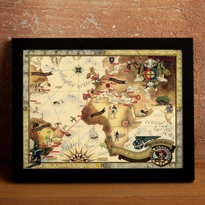 Mapa del Viejo Mundo, Mapa del Mundo de Estilo Antiguo de 1947, Mapa de Regalo Raro de Brazilian Airways, Impresión de Mapa Enmarcada, Póster de Arte de Pared Histórico