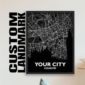 Impression de carte de point de repère personnalisée, n'importe quel plan de la ville, carte personnalisée en noir et blanc, affiche de plan de rue, art mural déco de bureau, cadeau d'anniversaire
