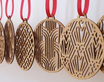 Art Deco Christmas decorations, collection of 10 individual wooden tree hangings. ART DECOrations