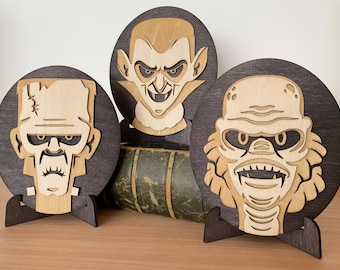 Handmade Wooden Classic Horror Plaques. Dracula, Frankenstein, The Creature Gill Man. Wall Hangings, gothic, Horror Literature.