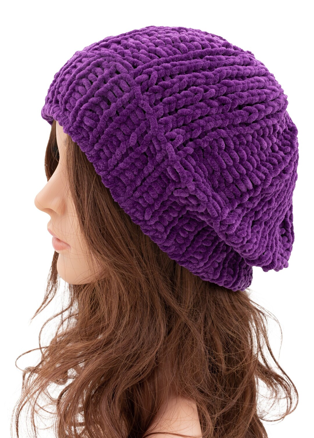 Purple Velvety Touch Beanie Hat for Women and Men, Handmade Knit