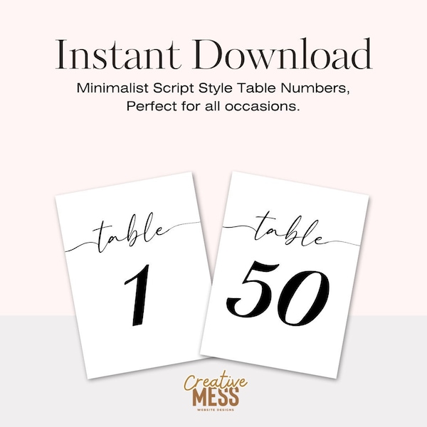 INSTANT DOWNLOAD - Minimalist Wedding Decorations - 5x7 - Table Numbers - Wedding Accessories for Reception - Print-Ready - Numbers 1-50