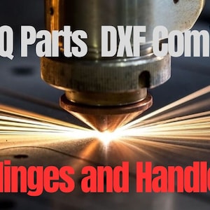 May include: A close-up of a laser cutter cutting metal. The laser beam is bright and orange, and the metal is sparking. The text "BBQ Parts DXF Combo Hinges and Handle" is visible in the image.