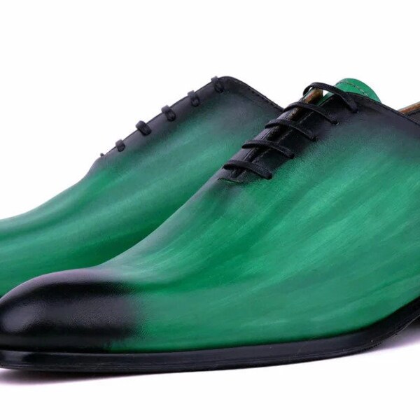 Handmade Men's Wholecut Custom Patina Green Wingtip Leather Shoes Elegant Formal Dress Footwear, Genuine Leather, Luxury Italian Style Shoes