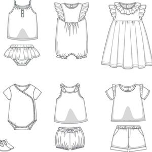 May include: A set of 12 black and white line drawings of baby clothes, including dresses, rompers, shirts, shorts, and a hat. The drawings are simple and elegant, and would be perfect for use in a pattern or design.