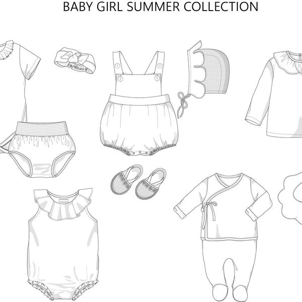 Baby Girl or Infant Girls Collection Fashion Flat Templates / Technical Drawings / Fashion CAD for Adobe Illustrator / Fashion flat sketch