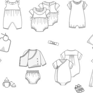 Könnte beinhalten: Ein Set mit 14 Babykleidung Designs, darunter Kleider, Strampler, Bodys und eine Strickjacke. Die Designs sind alle in Schwarzweiß und zeigen verschiedene Stile und Details.