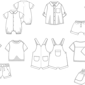 Op de afbeelding: Een set van 10 verschillende kledingontwerpen voor baby's en peuters. De ontwerpen omvatten overalls, shirts en shorts. Alle ontwerpen zijn in zwart en wit.