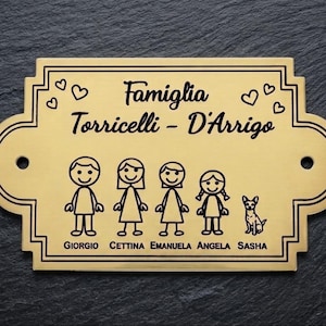 Puede incluir: Una placa rectangular de latón con lados redondeados y dos orificios de montaje, con texto grabado en negro que dice Famiglia Torricelli - D'Arrigo, cuatro figuras de palitos, un perro y los nombres Giorgio, Cettina, Emanuela, Angela, Sasha.