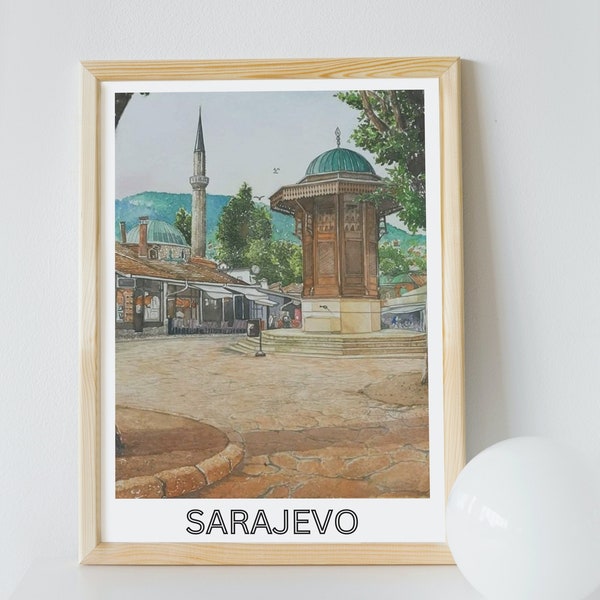 Sarajevo Bascarsija Sebilj Mosque Capital city of Bosnia and Herzegovina Poster Portrait printable design artwork Ex Yugoslavia gift travel