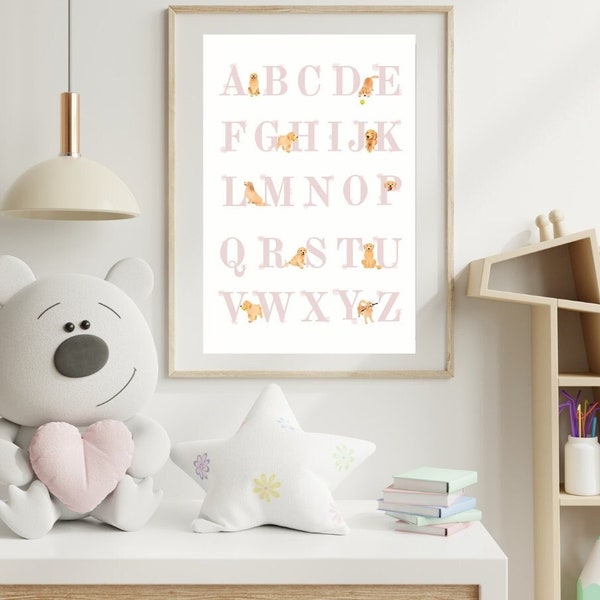 Puppy Dog ABC Poster, Digital Pink Alphabet Print for Kids Room, Cute Dog Artwork, Educational Wall Art, Nursery Animal Picture for Toddler