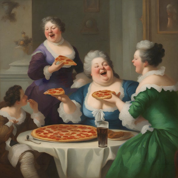 Digital Download Pizza Night Poster, Altered Oil Art Painting Print, Vintage Parody Wall Art, Eclectic Picture, Funny Renaissance Artwork