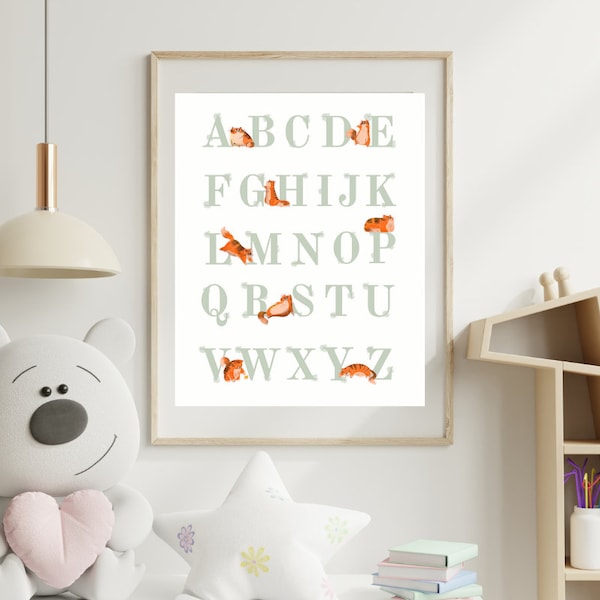 Alphabet print, sage Cat alphabet,Large alphabet wall art,Educational prints for kids, school alphabet,Printable alphabet,,Playroom wall cat