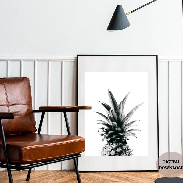 Black and White Pineapple Wall Art, Digital Download Tropical Print, Kitchen  Poster, Fruit Minimalist Artwork