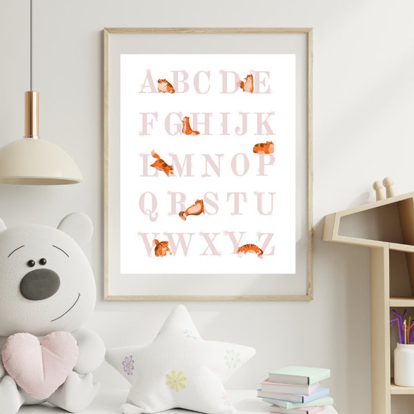 Alphabet print, pink Cat alphabet,Large alphabet wall art,Educational prints for kids, school alphabet,Printable alphabet,,Playroom wall art