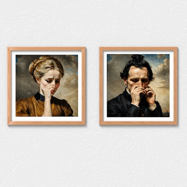 Funny Retro Digital Wall Art, Set of 2 Mid Century Print, Classical Painting for Bathroom, Toilet Humor Artwork, Vintage Style Picture