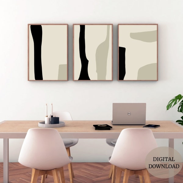 Simple Abstract Digital Download Wall Art Set, Black and Beige Nordic Artwork, Minimal 3 Piece Poster
