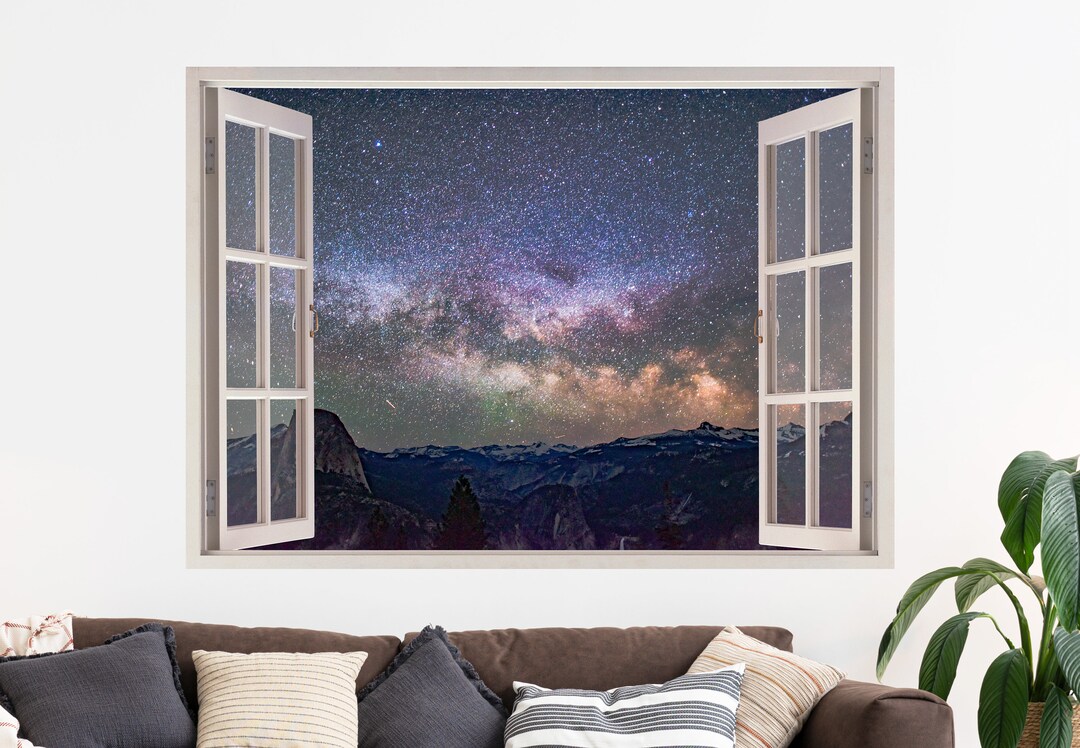 Starry Sky 3D Window Wall Sticker, Mountains, Stars, Stellar Nebulas ...