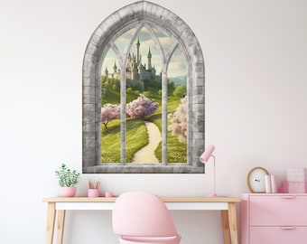 Magic Castle 3D Window Wall Sticker, Pink Trees, Fairytale, Removable Easy Peel & Stick Decals - SunflowerStickers
