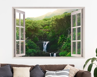 Waterfalls 3D Window Wall Sticker, Forest, Trees, Bridge, Removable Easy Peel & Stick Decals - SunflowerStickers